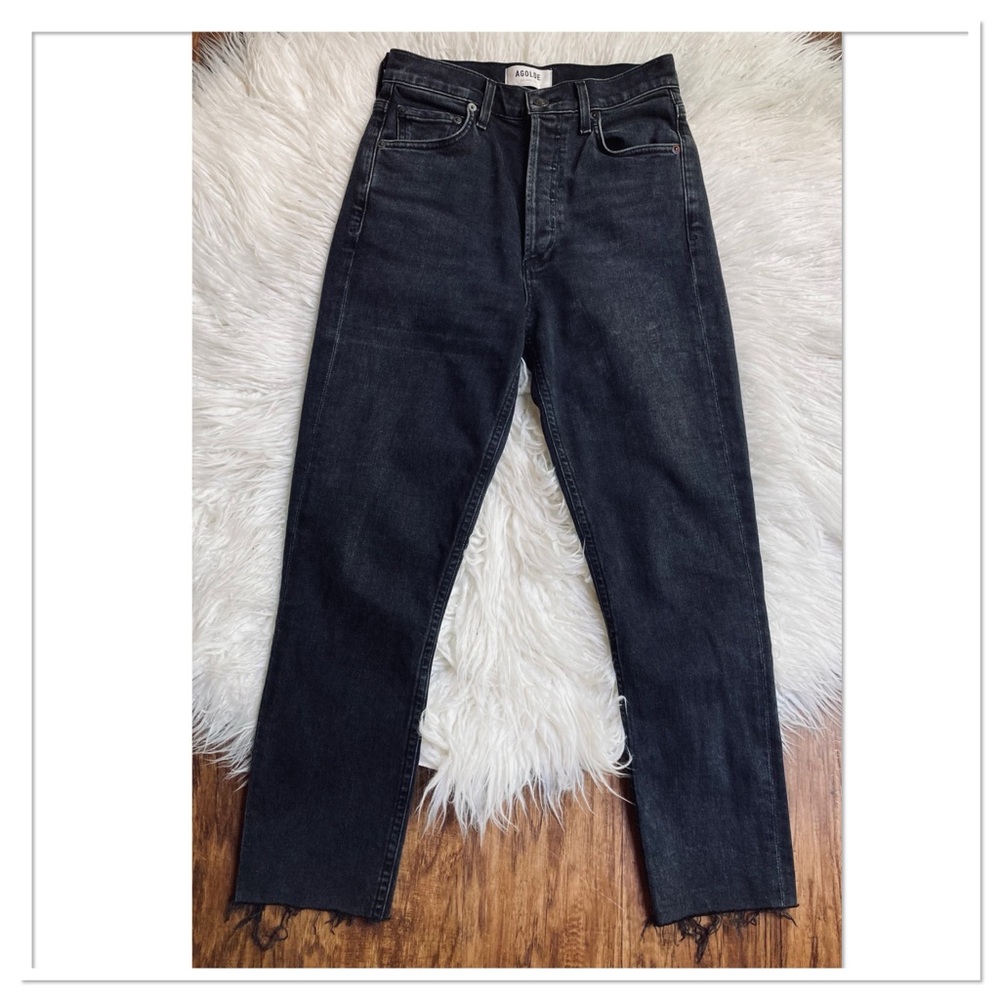 Agolde High Rise Slim Fit Button Fly Raw Hem Nico Jeans Black Wash Size 24